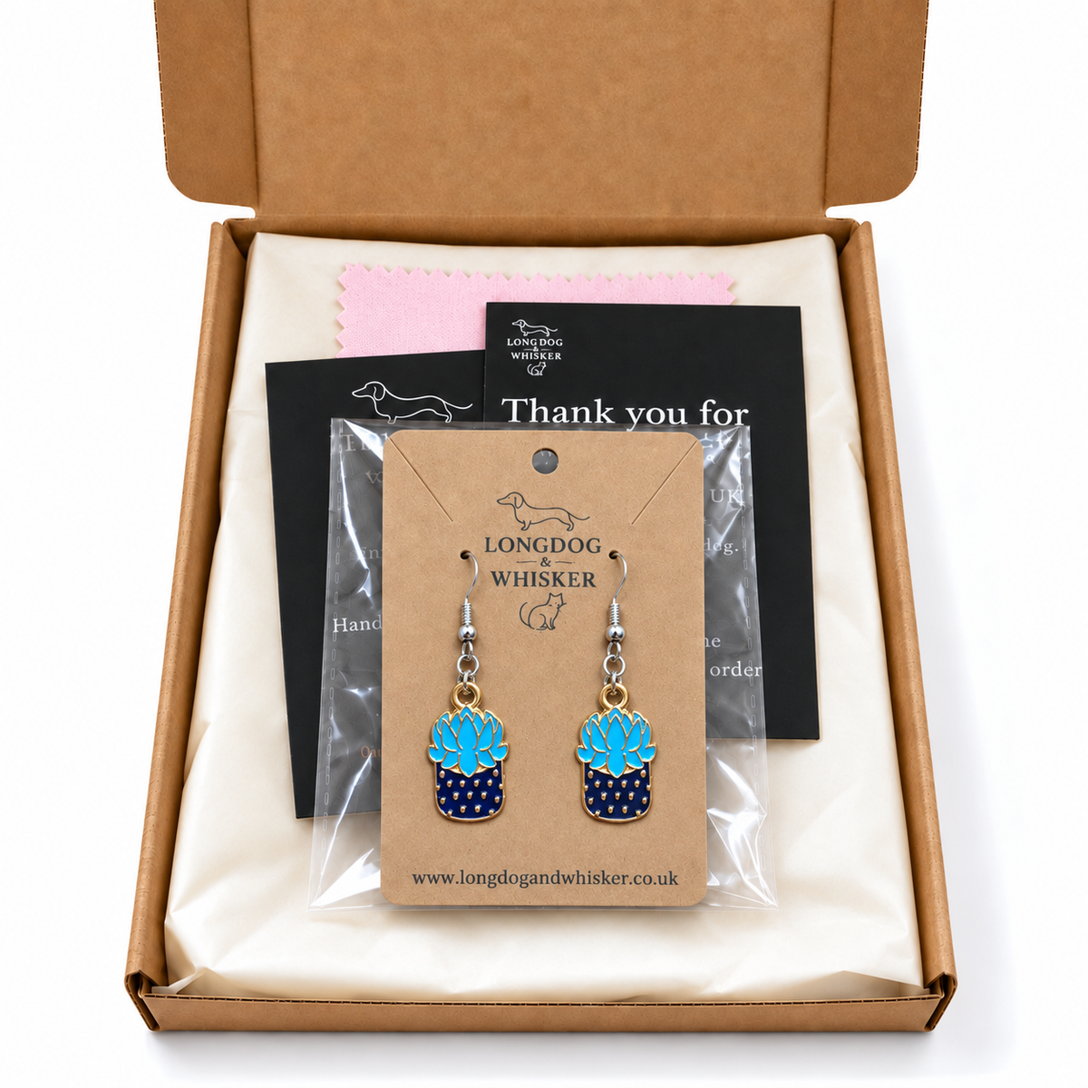 Succulent Blue Earrings in gift-ready packaging
