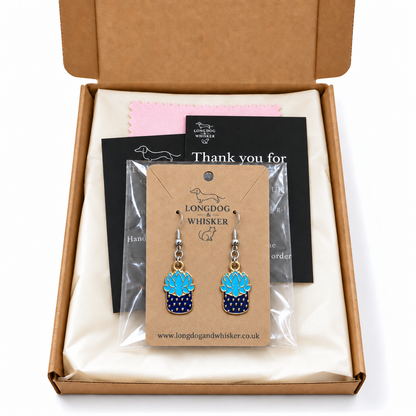 Succulent Blue Earrings in gift-ready packaging