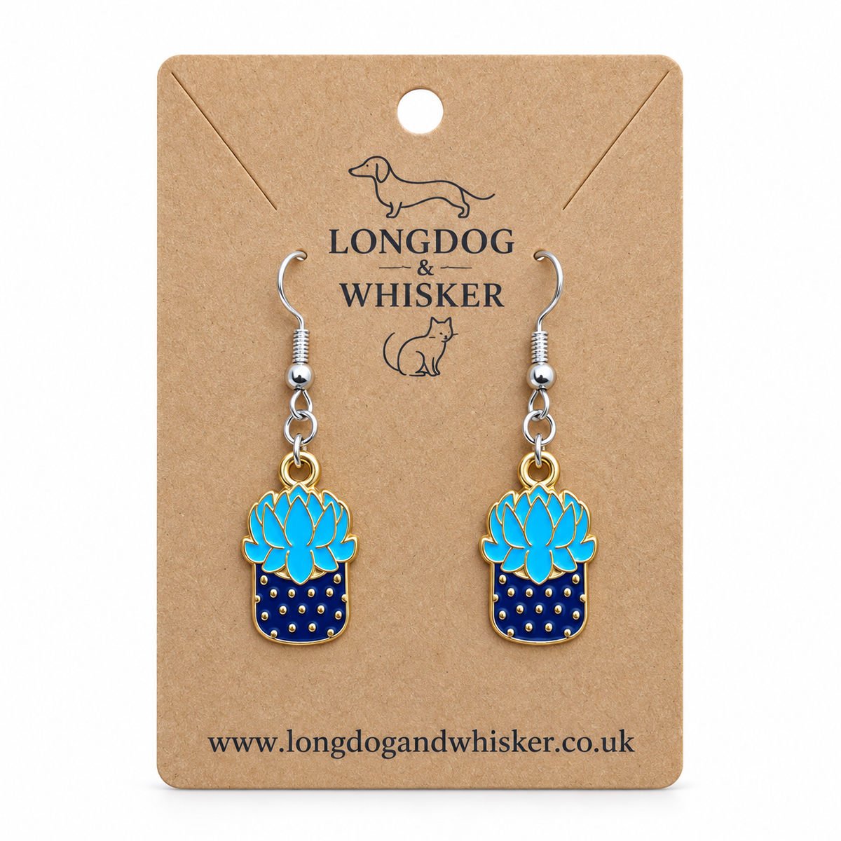 Succulent Blue Earrings on display card with silver hooks