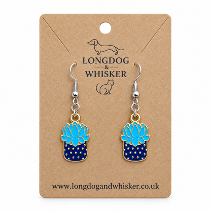 Succulent Blue Earrings on display card with silver hooks