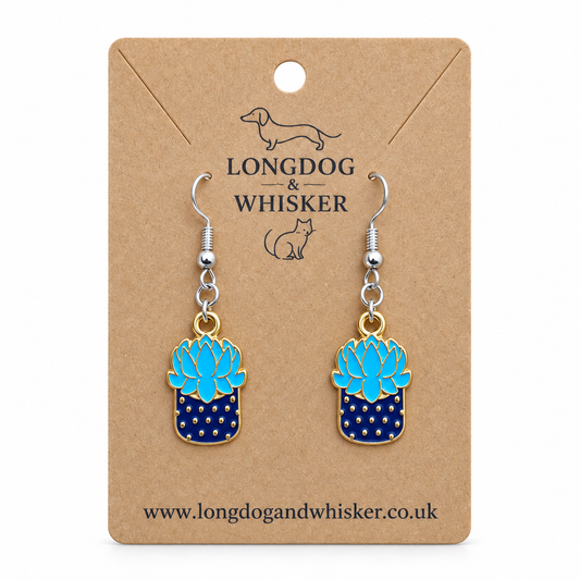 Succulent Blue Earrings on display card with silver hooks