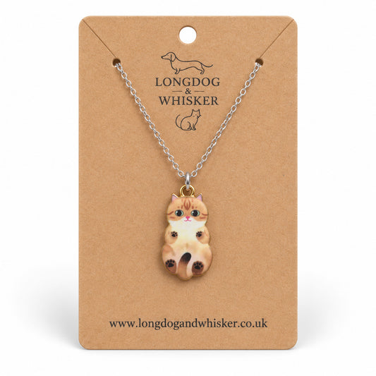 Tabby Belly Rub Cat Necklace on a silver-tone chain displayed on a Longdog & Whisker kraft card