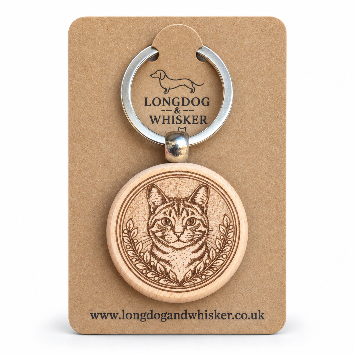 Tabby cat wooden keyring with striped portrait and leafy frame on Longdog & Whisker card
