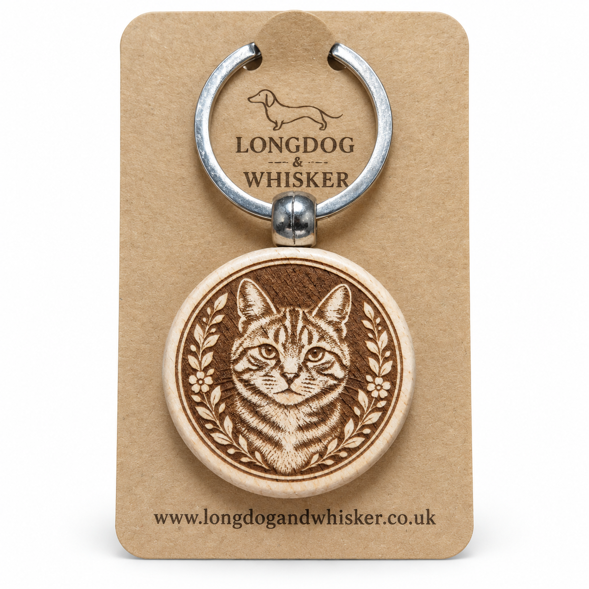 Tabby cat wooden keyring and bag charm on Longdog & Whisker product card