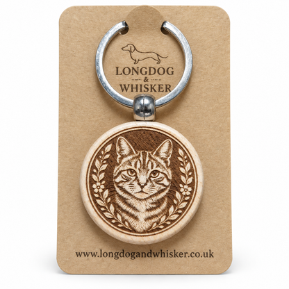 Tabby cat wooden keyring and bag charm on Longdog & Whisker product card