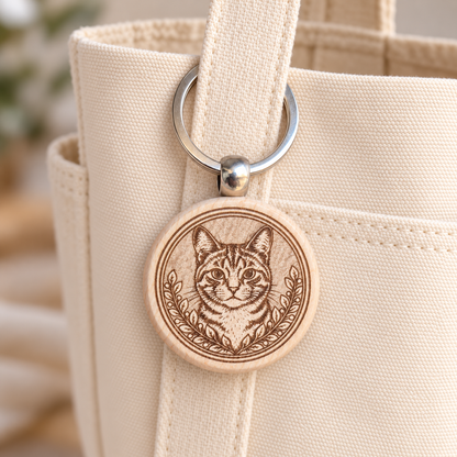 Tabby cat wooden keyring hanging from a cream canvas tote bag