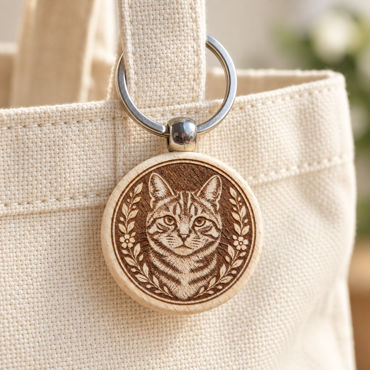 Tabby cat wooden keyring attached to a cream canvas tote bag