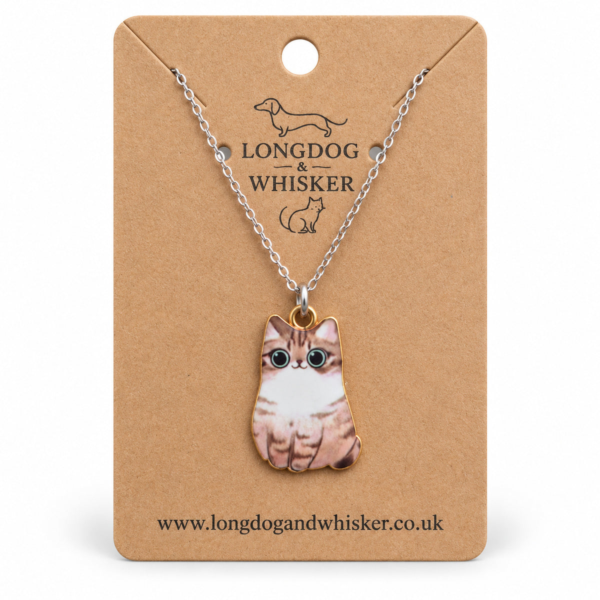 Tabby chonky cat necklace on a silver chain, displayed on a Longdog & Whisker kraft card