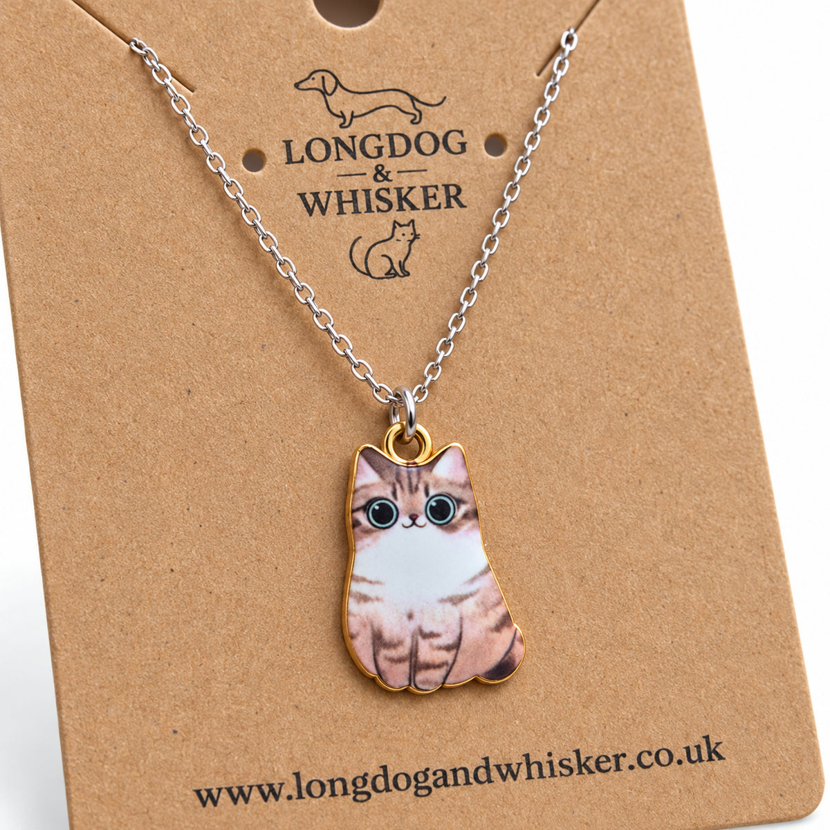 Close-up of the Tabby Chonky Cat Necklace showing its striped markings and gold-tone edging