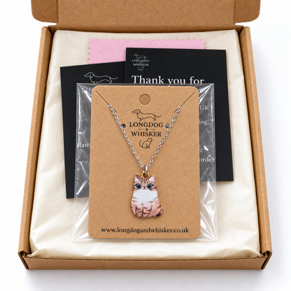 Tabby chonky cat necklace on its card in Longdog & Whisker gift-ready packaging