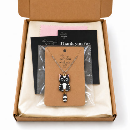 Tick Tock Cat Necklace - Black & White with Longdog & Whisker packaging