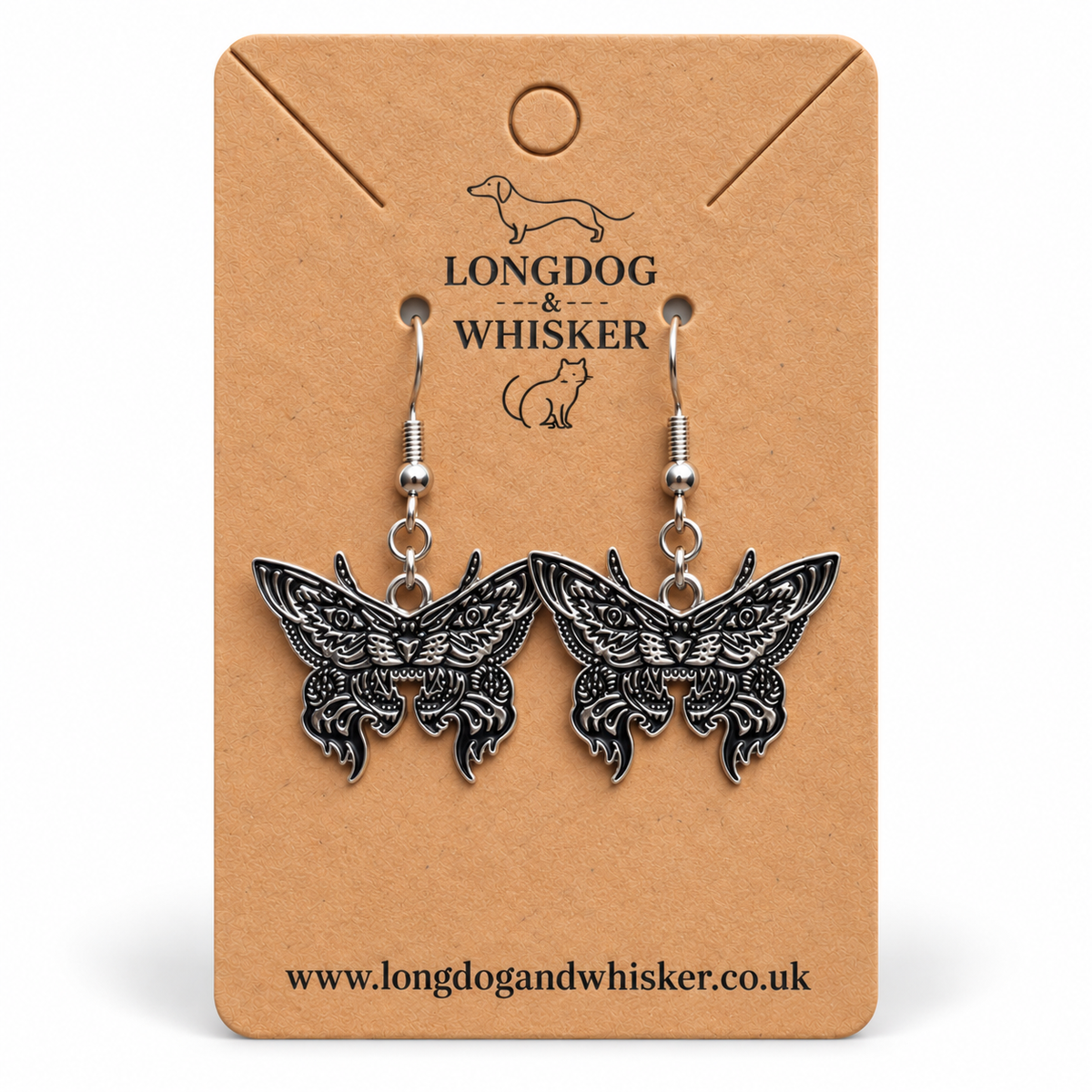 Silver Tiger Moth Drop Earrings on Longdog & Whisker card