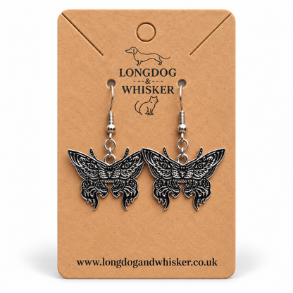 Silver Tiger Moth Drop Earrings on Longdog & Whisker card