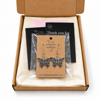 Silver Tiger Moth Drop Earrings in Longdog & Whisker packaging