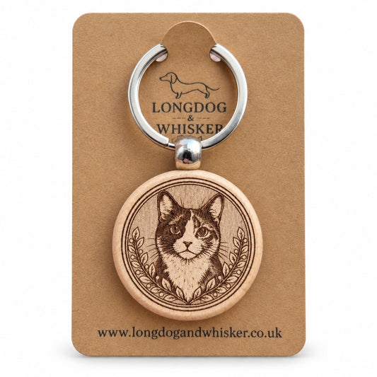 Tortoiseshell cat wooden keyring with leafy portrait border on a Longdog & Whisker kraft card