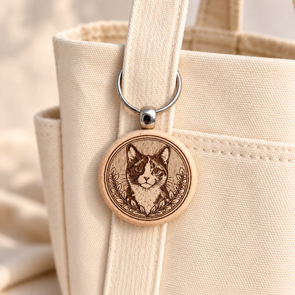 Tortoiseshell cat wooden keyring attached to a cream canvas tote handle