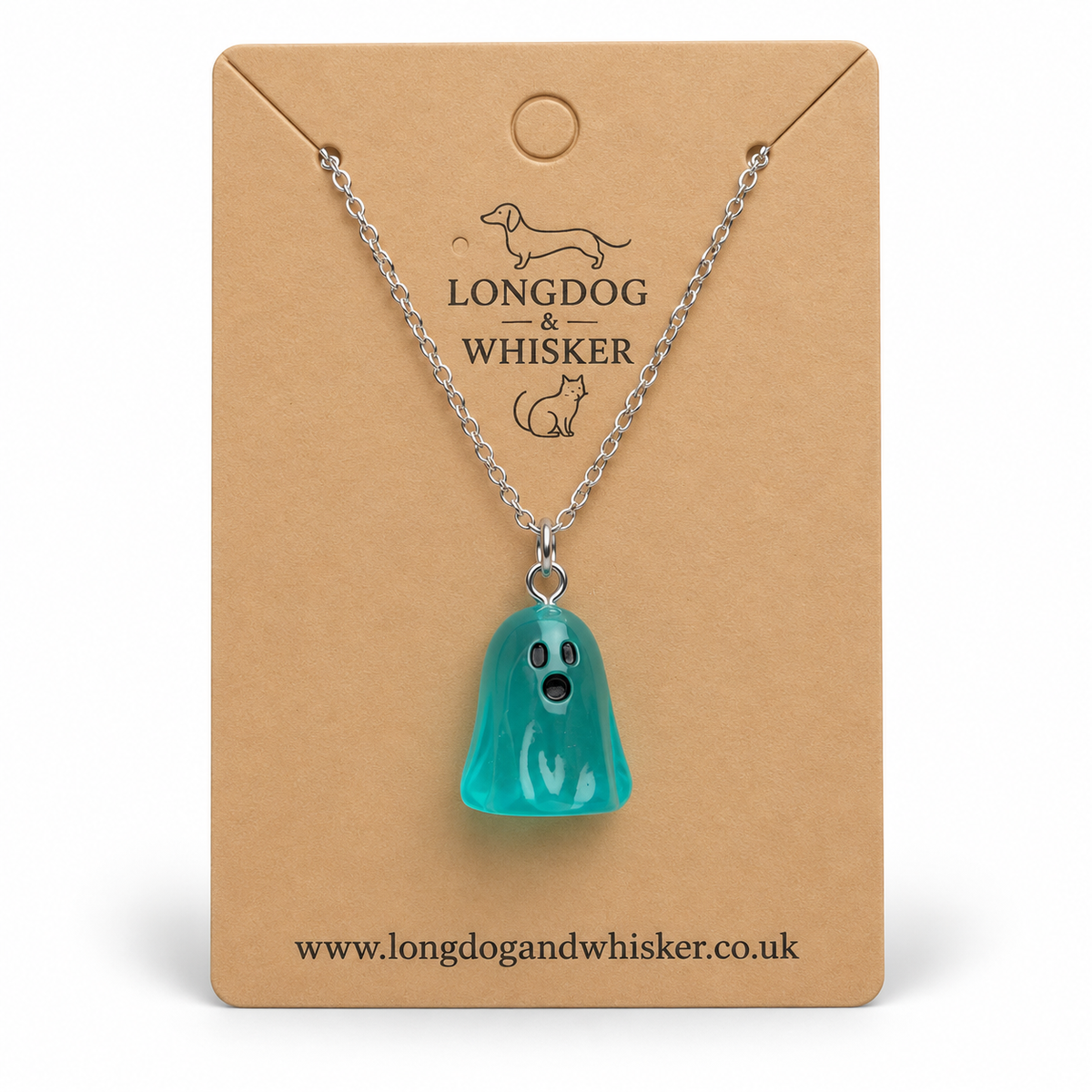 Translucent aqua ghost necklace with silver chain on a Longdog & Whisker kraft display card.