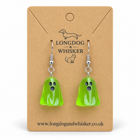 Translucent lime green ghost earrings with silver hooks on a Longdog & Whisker kraft card
