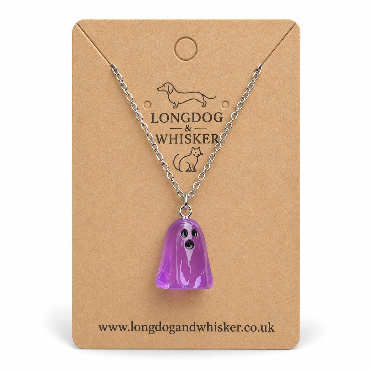 Translucent purple ghost necklace with silver chain on a Longdog & Whisker kraft card.