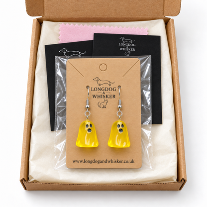 Translucent yellow ghost earrings in Longdog & Whisker gift packaging