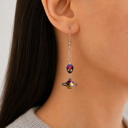 UFO Planet Earrings shown worn for scale