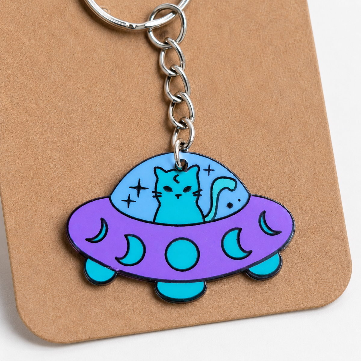 Close-up detail of UFO Space Kitty Keyring / Bag Charm
