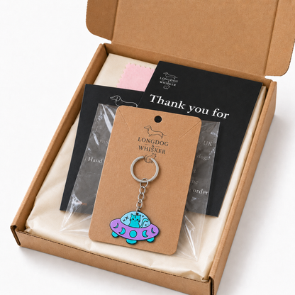 UFO Space Kitty Keyring / Bag Charm with Longdog & Whisker packaging