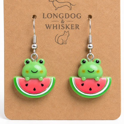 Close up detail of Watermelon Frog Earrings