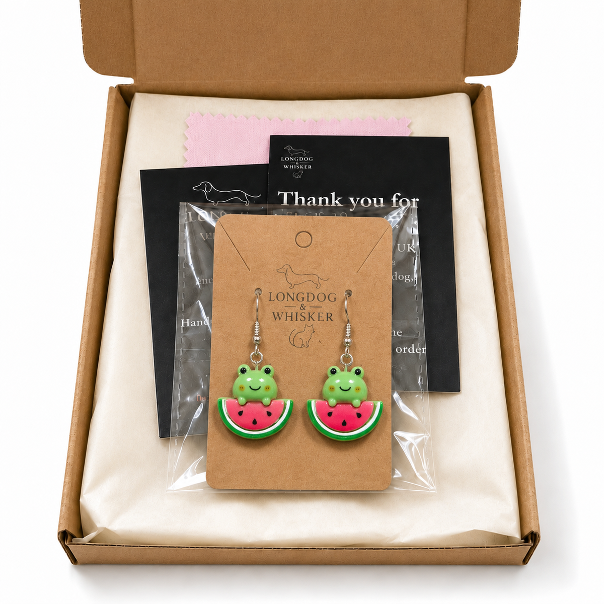 Watermelon Frog Earrings in Longdog & Whisker gift packaging