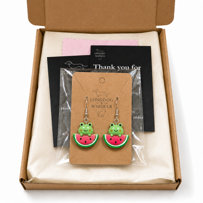 Watermelon Frog Earrings in Longdog & Whisker gift packaging