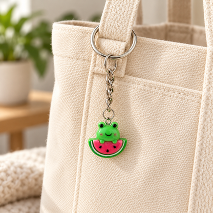 Watermelon Frog Keyring and Bag Charm attached to a canvas bag