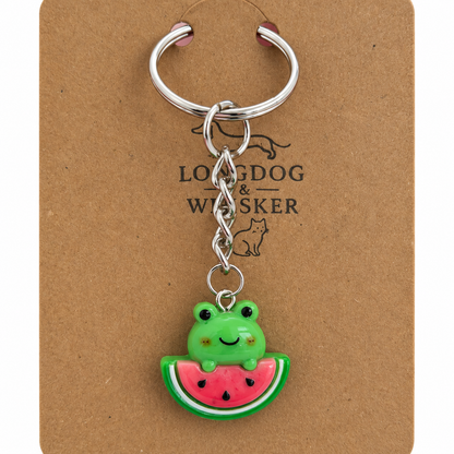Close-up of Watermelon Frog Keyring and Bag Charm details