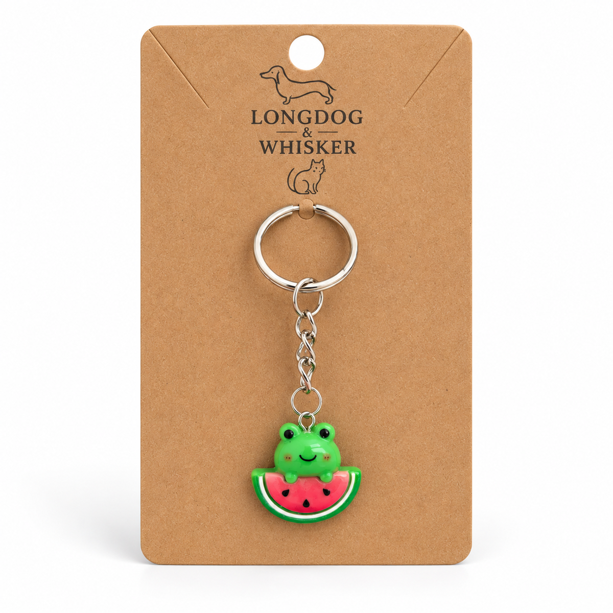 Watermelon Frog Keyring and Bag Charm on Longdog & Whisker display card