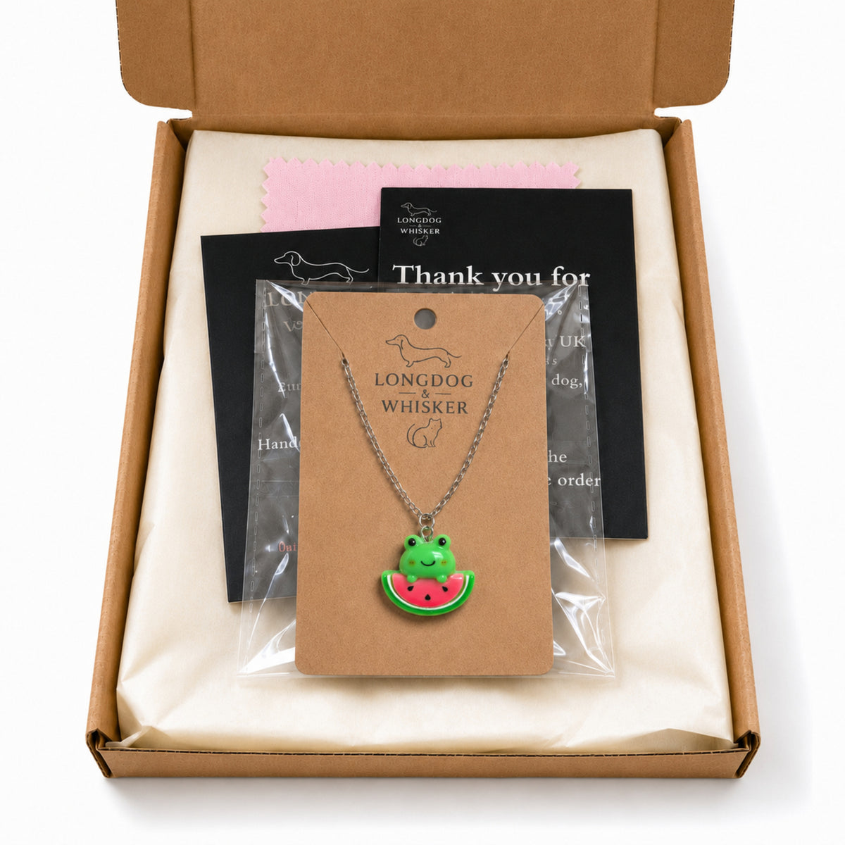 Watermelon Frog Necklace in Longdog & Whisker gift packaging