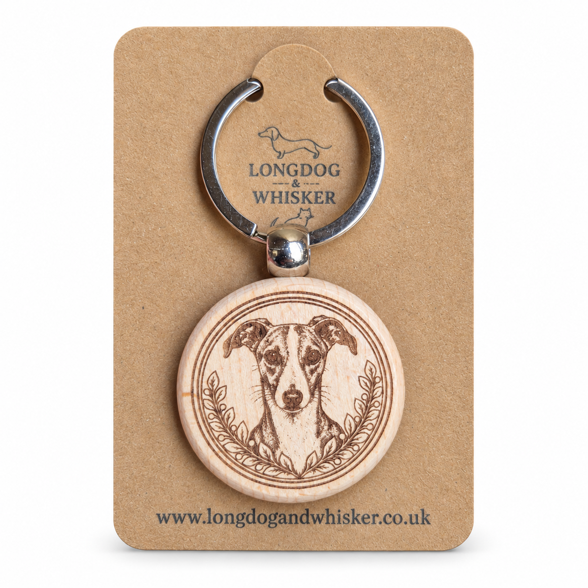 Whippet wooden keyring with leafy portrait frame on Longdog & Whisker kraft card