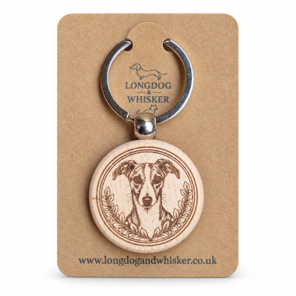 Whippet wooden keyring with leafy portrait frame on Longdog & Whisker kraft card