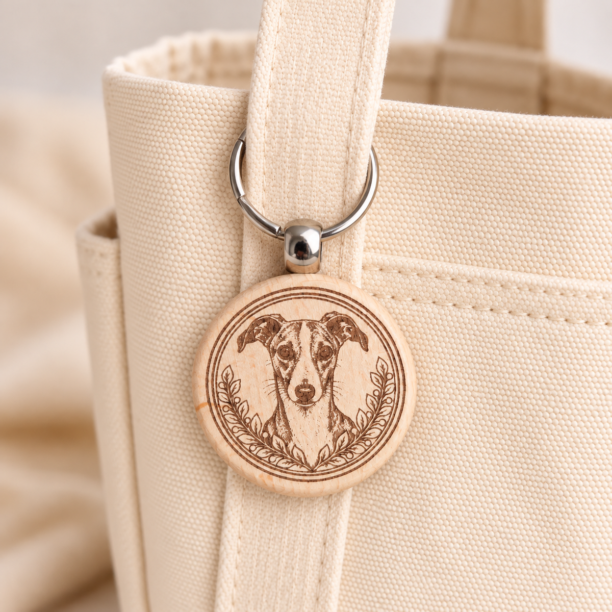 Whippet wooden keyring attached to a cream canvas tote handle