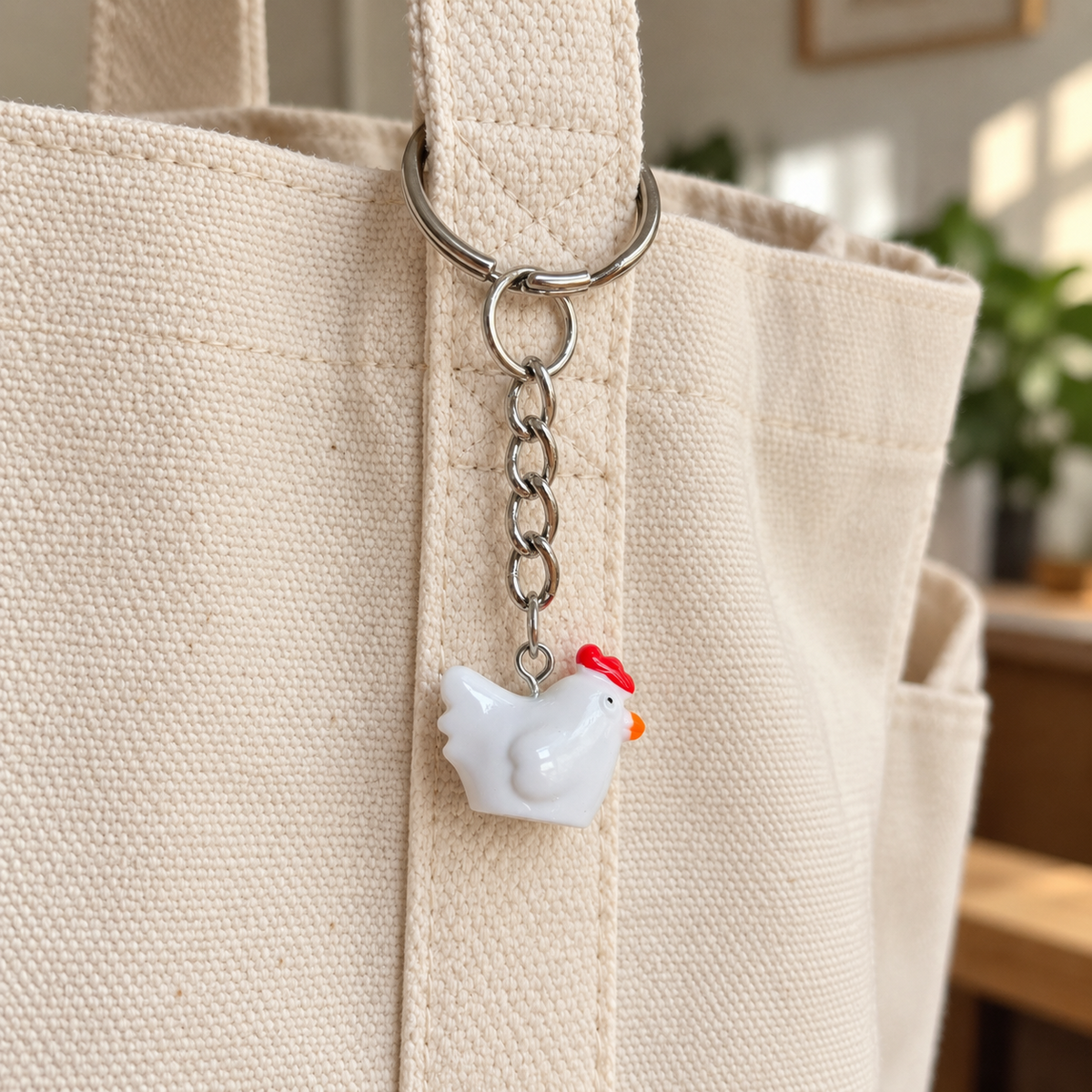 White Chicken Keyring and Bag Charm attached to a cream canvas bag