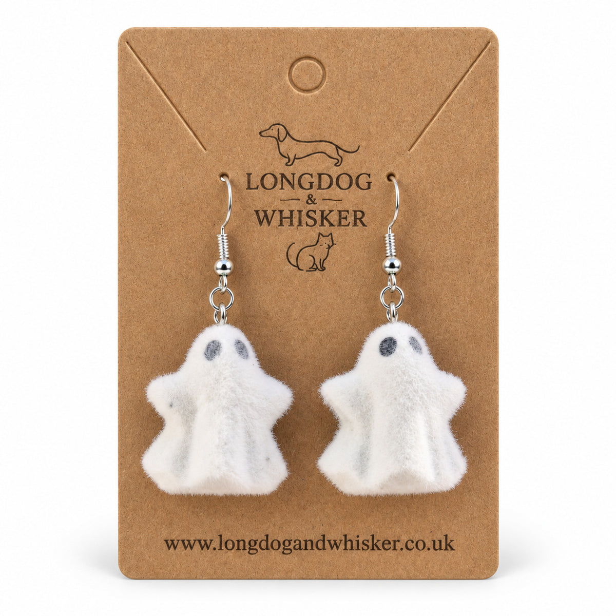Woooo Ghost Earrings on a Longdog & Whisker kraft product card