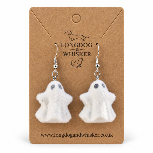 Woooo Ghost Earrings on a Longdog & Whisker kraft product card