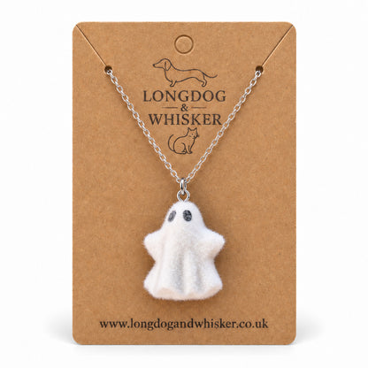 Woooo Ghost Necklace on a Longdog & Whisker kraft product card