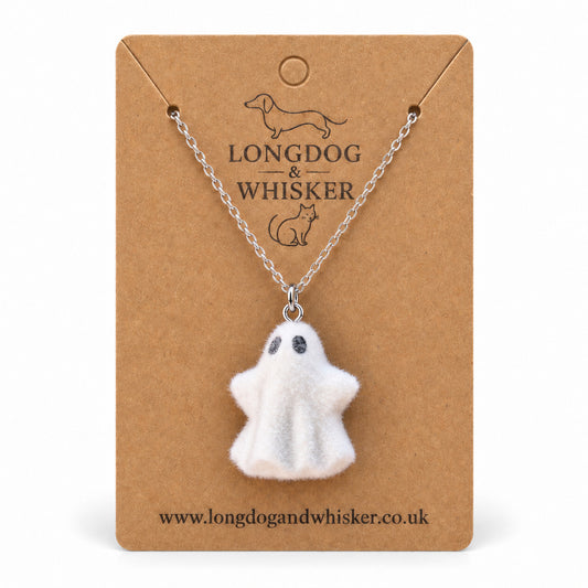Woooo Ghost Necklace on a Longdog & Whisker kraft product card