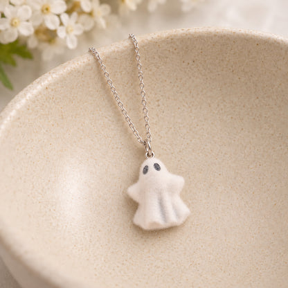 Woooo Ghost Necklace in a cream ceramic bowl