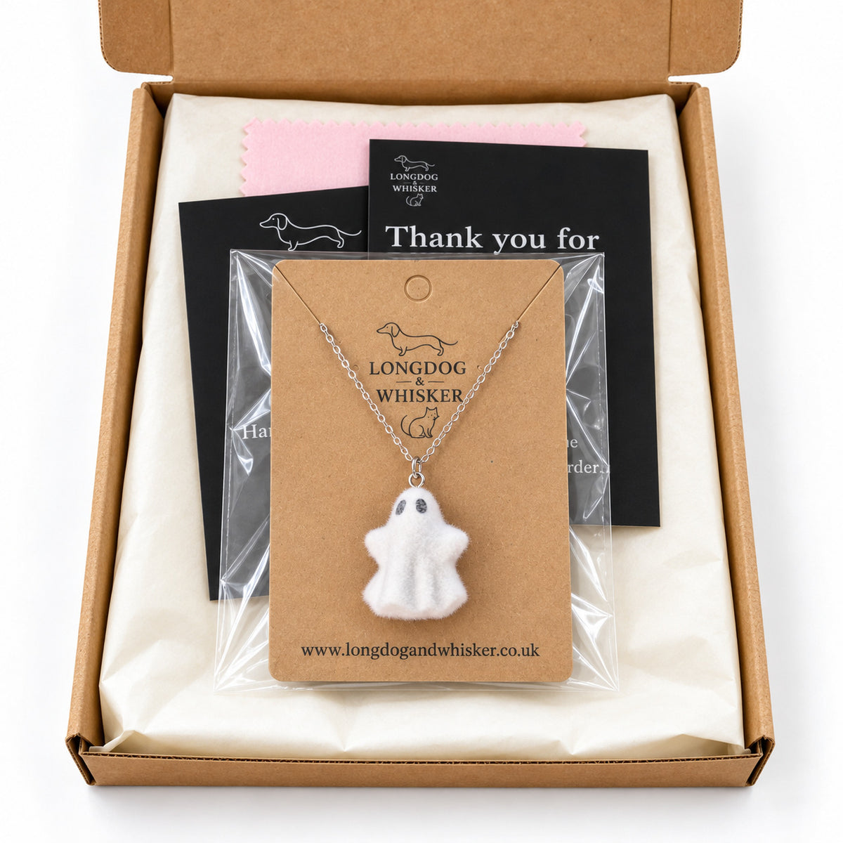 Woooo Ghost Necklace packed in a Longdog & Whisker gift box