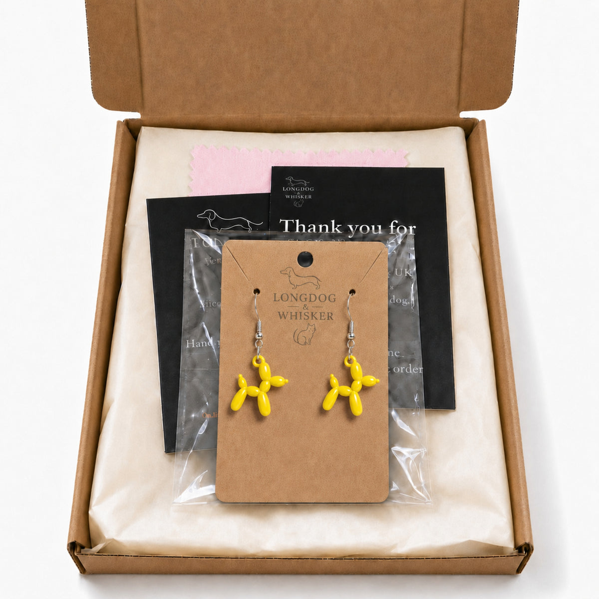 Yellow Balloon Dog Earrings in Longdog & Whisker gift packaging