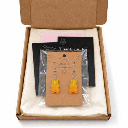 Gummy Bear Earrings - Yellow / Orange with Longdog & Whisker packaging