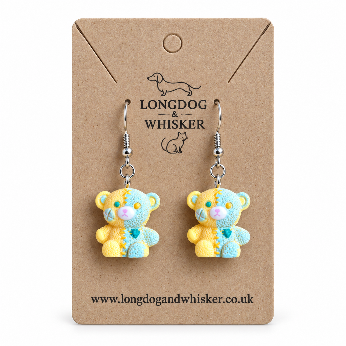 Yellow Pastel Patchwork Bear Earrings on Longdog & Whisker product card