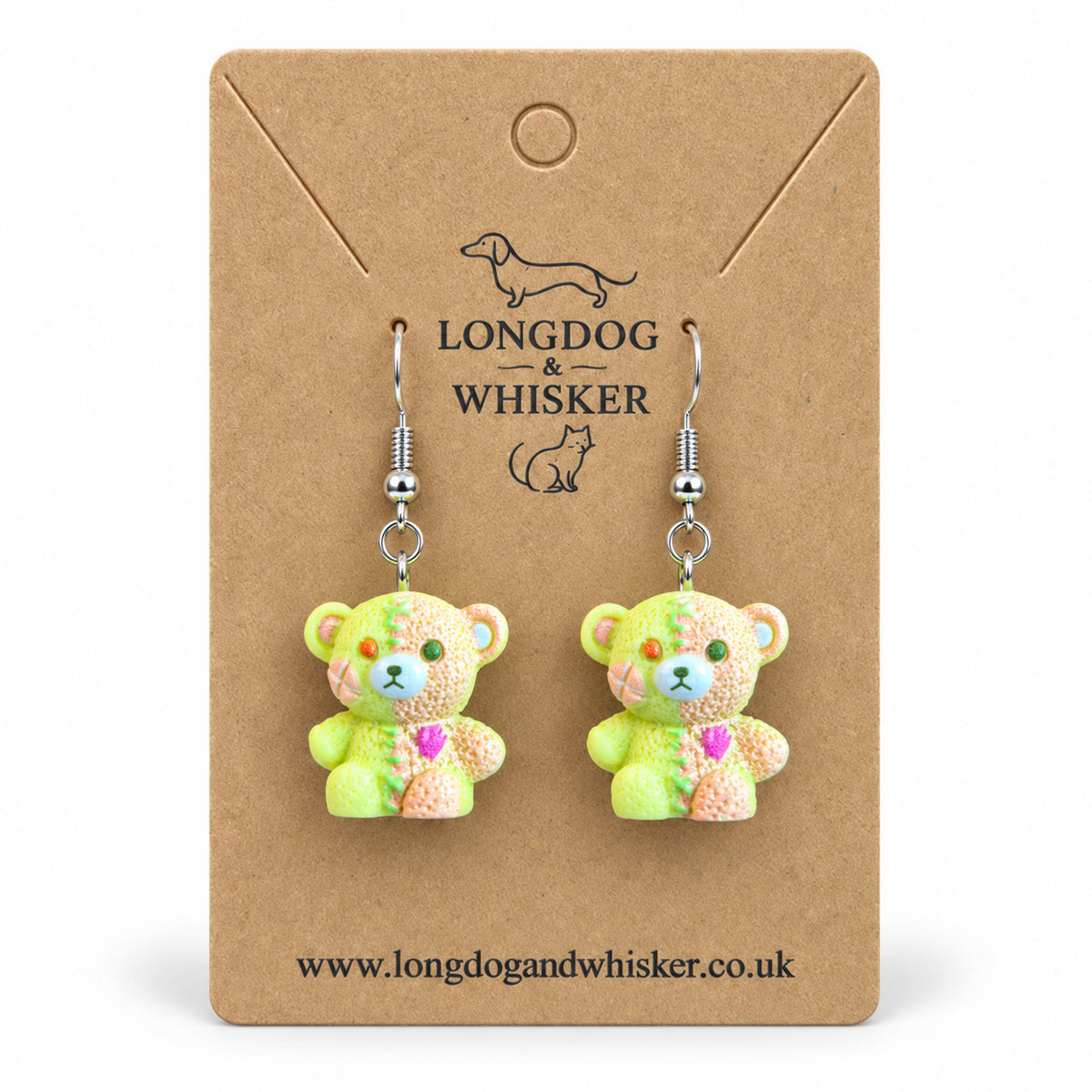 Yellow & Peach Pastel Stitched Zombie Bear Earrings on Longdog & Whisker product card