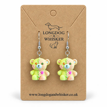 Yellow & Peach Pastel Stitched Zombie Bear Earrings on Longdog & Whisker product card