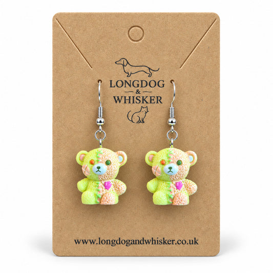 Yellow & Peach Pastel Stitched Zombie Bear Earrings on Longdog & Whisker product card